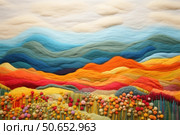 Colorful felt landscape showing hills, sky and flowers using needle felting technique. Стоковое AI-изображение, AI-художник Иван Рябоконь / Фотобанк Лори
