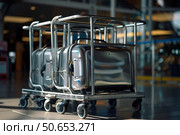 Luggage trolley waiting to be loaded with suitcases at the airport. Стоковое AI-изображение, AI-художник Иван Рябоконь / Фотобанк Лори