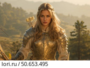 An archer warrior is a woman in golden armor on the battlefield. Стоковое AI-изображение, AI-художник Александр Поташев / Фотобанк Лори
