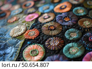 Colorful embroidered flowers adorning black fabric, a close up of skilled needlework. Стоковое AI-изображение, AI-художник Иван Рябоконь / Фотобанк Лори