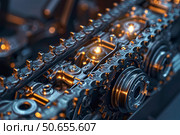 Complex engine internals showing chain drive and gears illuminated with warm light. Стоковое AI-изображение, AI-художник Иван Рябоконь / Фотобанк Лори