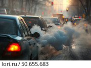 Cars releasing toxic exhaust fumes into city air, causing pollution. Стоковое AI-изображение, AI-художник Иван Рябоконь / Фотобанк Лори