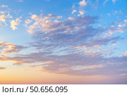 A panoramic photo of the sky with thin cirrus clouds illuminated by the setting sun in soft orange tones. Стоковое фото, фотограф Коханова Наталья / Фотобанк Лори