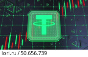 Cryptocurrency coin concept. Tether USDT. 3d illustration of currency exchange rate, index investors in the stock market. Forex on the candlestick chart trading background. Global finance. Стоковая анимация, аниматор Николай Евсюков / Фотобанк Лори