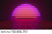 Retro 80s styled futuristic Synthwave Sunset landscape with purple red neon sun and perspective grid. Retro Future flyer, banner, poster. Dark colors night 3d illustration. Стоковая анимация, аниматор Николай Евсюков / Фотобанк Лори
