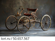 Restored antique three wheeled motor car showcasing engineering history. Стоковое AI-изображение, AI-художник Иван Рябоконь / Фотобанк Лори