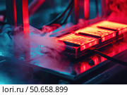 Vapor cooling system cools down computer hardware with red light and blue smoke. Стоковое AI-изображение, AI-художник Иван Рябоконь / Фотобанк Лори