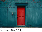 Bright red door breaking the monotony of a teal wall. Стоковое AI-изображение, AI-художник Иван Рябоконь / Фотобанк Лори