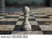 White pawn standing on marble chessboard in elegant interior, strategic planning and calculated moves. Стоковое AI-изображение, AI-художник Иван Рябоконь / Фотобанк Лори