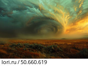 Dramatic supercell storm cloud forming over the plains at sunset. Стоковое AI-изображение, AI-художник Иван Рябоконь / Фотобанк Лори