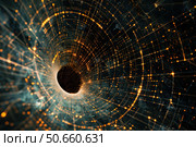 Wormhole tunnel grid time travel through spacetime continuum. Стоковое AI-изображение, AI-художник Иван Рябоконь / Фотобанк Лори