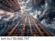 Imposing skyscraper rising into dramatic cloudy sky in manhattan, new york city. Стоковое AI-изображение, AI-художник Иван Рябоконь / Фотобанк Лори