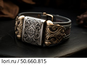 Elegant leather bracelet with celtic design buckle showing craftsmanship. Стоковое AI-изображение, AI-художник Иван Рябоконь / Фотобанк Лори