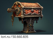 Ornate treasure chest resting on an elaborate pedestal. Стоковое AI-изображение, AI-художник Иван Рябоконь / Фотобанк Лори