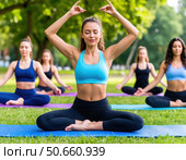 A group of women are sitting on the grass and doing yoga. Стоковое AI-изображение, AI-художник Ярославский Максим / Фотобанк Лори