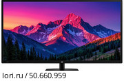 A large screen television with a mountain range in the background. Стоковое AI-изображение, AI-художник Ярославский Максим / Фотобанк Лори