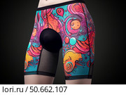 Woman wearing colorful cycling shorts with abstract design and padded crotch. Стоковое AI-изображение, AI-художник Иван Рябоконь / Фотобанк Лори