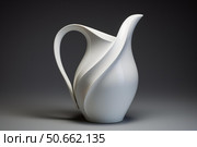 Modern white porcelain pitcher with swirling design on gray background. Стоковое AI-изображение, AI-художник Иван Рябоконь / Фотобанк Лори