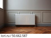 White heating radiator warms empty room with parquet and wainscoting. Стоковое AI-изображение, AI-художник Иван Рябоконь / Фотобанк Лори