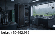 Interior of abandoned research station with old computer equipment and server rack covered in cobwebs, view of rain through broken window. Стоковое AI-изображение, AI-художник Павел Муравьев / Фотобанк Лори
