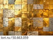Golden and white marble square tiles creating luxurious checkerboard pattern. Стоковое AI-изображение, AI-художник Иван Рябоконь / Фотобанк Лори