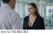 Flirtatious office romance woman attracting male colleague attention inappropriate dress code business meeting modern workplace interaction seductive outfit. Стоковое AI-изображение, AI-художник Павел Муравьев / Фотобанк Лори