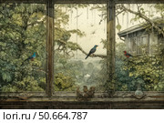 Atmospheric watercolor illustration with a view from an old window onto the dense greenery of a tropical forest. Bright exotic birds - blue, red and turquoise - sit on the branches among the foliage. At the bottom of the windowsill is a nest with chicks and an old vessel. The window is covered with raindrops, water flows down the glass, creating a feeling of silence and comfort on a rainy day. The image combines the aesthetics of a botanical illustration and the soft melancholy of secluded nature. Suitable for interiors, postcard design, book covers and eco-plots. Стоковое AI-изображение, AI-художник Анна Кривицкая / Фотобанк Лори