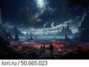 A fantastic landscape from an alien planet depicting three people standing on a hill and observing a grand panorama: fiery lava valleys, rocky mountains and many planets and moons in the sky. The rings of the planets, meteors and clouds are visible in the sky, creating a dramatic and exciting atmosphere. The illustration is filled with the spirit of adventure, exploration and science fiction. Ideal for themes related to space, the future, games, cinema and imaginary worlds. Стоковое AI-изображение, AI-художник Анна Кривицкая / Фотобанк Лори