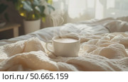 Enjoying a Warm Cup of Coffee in a Cozy Bedroom During a Sunny Morning. Стоковое AI-видео, аниматор Юлия Гапеенко / Фотобанк Лори