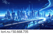ultramodern blue city scape ai generated. Стоковое AI-изображение, AI-художник Vectorwin / Фотобанк Лори