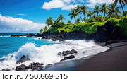 waianapanapa black sand beach maui ai generated. Стоковое AI-изображение, AI-художник Vectorwin / Фотобанк Лори