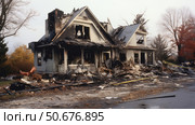 roof fire damage to house ai generated. Стоковое AI-изображение, AI-художник Vectorwin / Фотобанк Лори