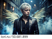 Platinum Blonde Dane Dean With Angel Wings in Urban Setting. Generative AI. Стоковое AI-изображение, AI-художник Roman Zavorotny / Фотобанк Лори