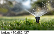 Lawn sprinkler watering grass on a sunny day in a backyard garden. Стоковое AI-изображение, AI-художник Katsiaryna Repich / Фотобанк Лори
