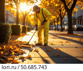A man in a yellow jacket is sweeping leaves off the sidewalk. Стоковое AI-изображение, AI-художник Ярославский Максим / Фотобанк Лори