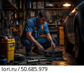 A man in a blue shirt and overalls is working on a car in a garage. Стоковое AI-изображение, AI-художник Ярославский Максим / Фотобанк Лори