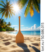 A wooden paddle is sitting on the sand at the beach. Стоковое AI-изображение, AI-художник Ярославский Максим / Фотобанк Лори