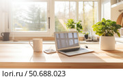 laptop working from home kitchen ai generated. Стоковое AI-изображение, AI-художник Vectorwin / Фотобанк Лори