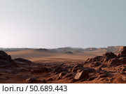 Realistic martian landscape, orange rocky desert under gray sky. Стоковое AI-изображение, AI-художник Евгений Харитонов / Фотобанк Лори