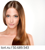Beautiful model girl with shiny brown and straight long hair . Keratin straightening . Treatment, care and spa procedures. Smooth hairstyle. Стоковое фото, фотограф Sofia Zhuravetc / Фотобанк Лори