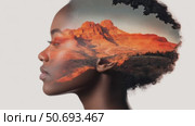 Double exposure of black woman with nature elements, conceptual portrait. Стоковое AI-видео, аниматор Анастасия Золотницкая / Фотобанк Лори