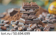 Stack of dark chocolate bars sits on cocoa powder surrounded by cocoa beans with a blurred cocoa pod in background. Perfect for themes of chocolate making. Стоковое AI-видео, аниматор Елена Никишина / Фотобанк Лори