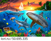 Underwater scene of sharks swimming around a sunken ship and treasure chest of gold. Стоковое фото, фотограф Sergey Krasovskiy/Stocktrek Images / ТАСС / Фотобанк Лори