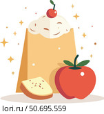 delicious dessert illustration with cake, cherry, apple, and slice of bread on transparent background. Стоковое AI-изображение, AI-художник Елена Скрипкина / Фотобанк Лори