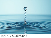 Close-up of a single water droplet captured mid-splash. Clear ripple effect on blue liquid surface. Minimalist style. Clean, pure, and refreshing concept. Studio lighting. Space for text. Banner. Стоковое AI-изображение, AI-художник Евгений Демидюк / Фотобанк Лори