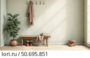 Cozy entryway with bench, plant, and warm decor highlighting natural light and copy space. Стоковое AI-изображение, AI-художник Елена Скрипкина / Фотобанк Лори