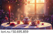 Elegant tea set with steaming cups and candlelight on a table surrounded by flowers and a window view with copy space. Стоковое AI-изображение, AI-художник Елена Скрипкина / Фотобанк Лори