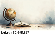 Globe and open book with pens on a desk against a soft background with copy space. Стоковое AI-изображение, AI-художник Елена Скрипкина / Фотобанк Лори
