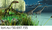Dilong dinosaurs watch two Brachiosaurus wade across a lake. Стоковое фото, фотограф Corey Ford/Stocktrek Images / ТАСС / Фотобанк Лори