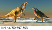 Two Parasaurolophus dinosaurs bellow at each other. Стоковое фото, фотограф Corey Ford/Stocktrek Images / ТАСС / Фотобанк Лори